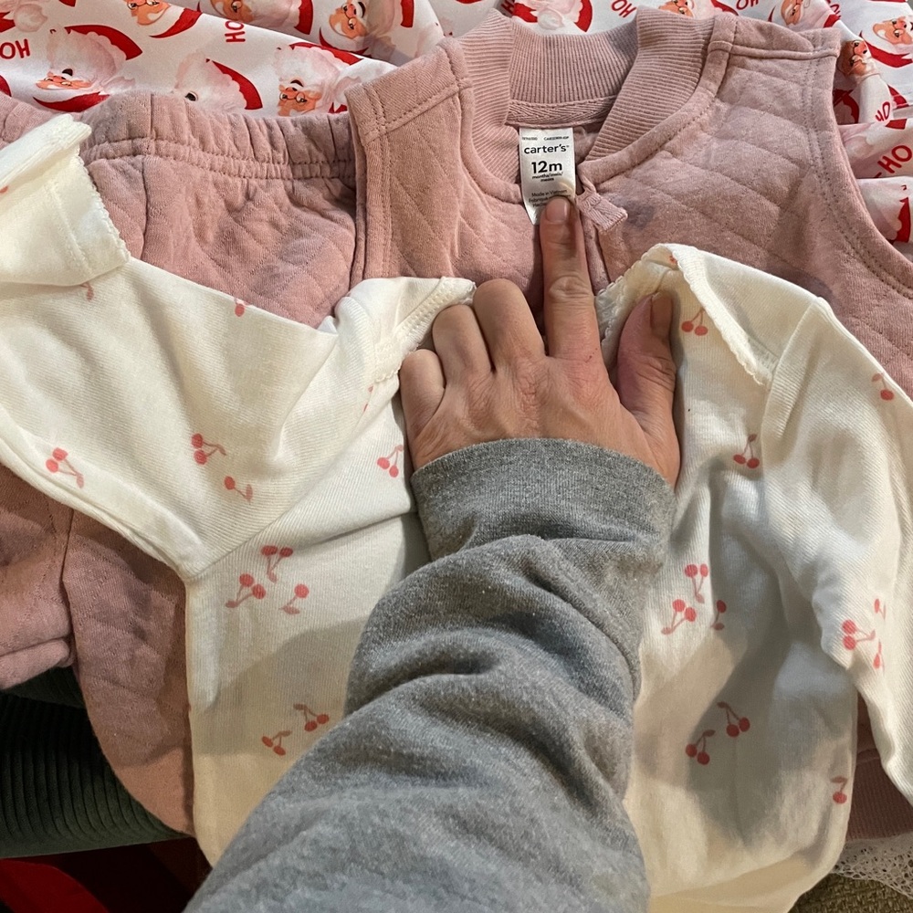 Carter's Pink White Cherry Fruit Onesie Bodysuit Quilted Sweatpants Vest Set 12M